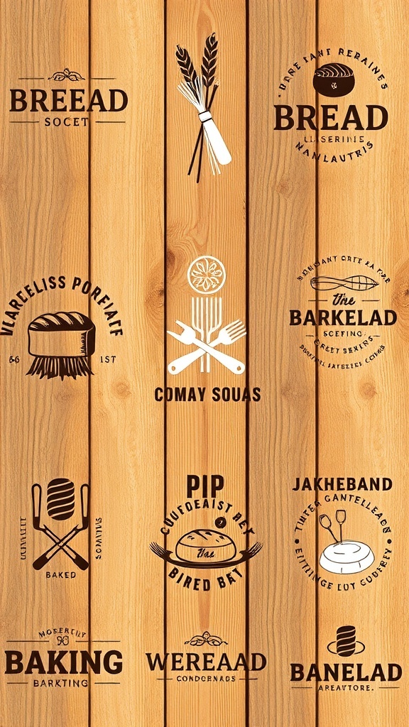Creative Bread Logo Design Ideas A variety of creative bread logo designs featuring wheat, loaves, and baking tools on a rustic wooden background.